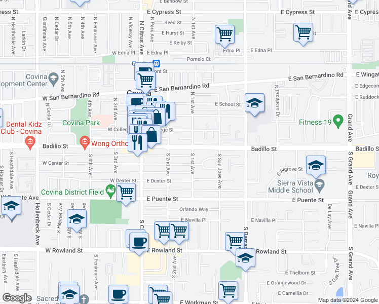 map of restaurants, bars, coffee shops, grocery stores, and more near 250 East Badillo Street in Covina