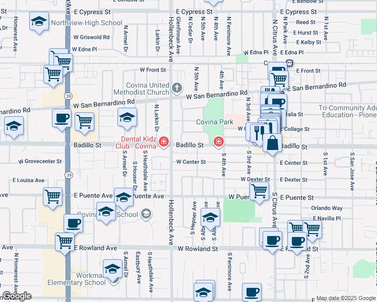 map of restaurants, bars, coffee shops, grocery stores, and more near 410 West Badillo Street in Covina
