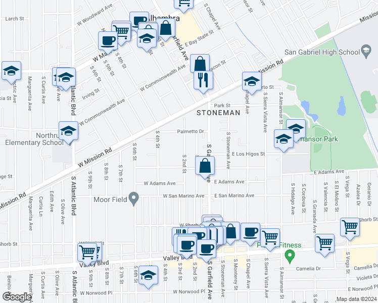 map of restaurants, bars, coffee shops, grocery stores, and more near 900 South 2nd Street in Alhambra
