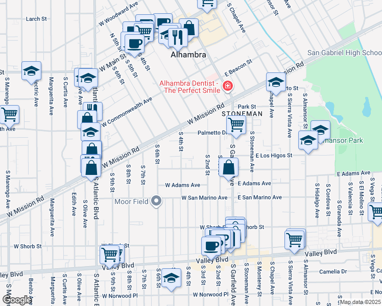 map of restaurants, bars, coffee shops, grocery stores, and more near 826 South 4th Street in Alhambra