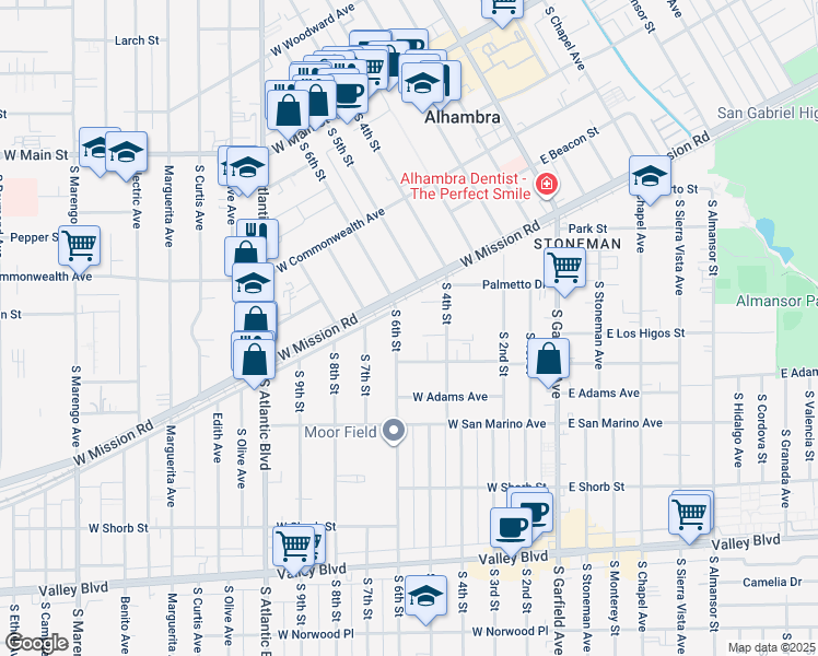 map of restaurants, bars, coffee shops, grocery stores, and more near 611 South 6th Street in Alhambra