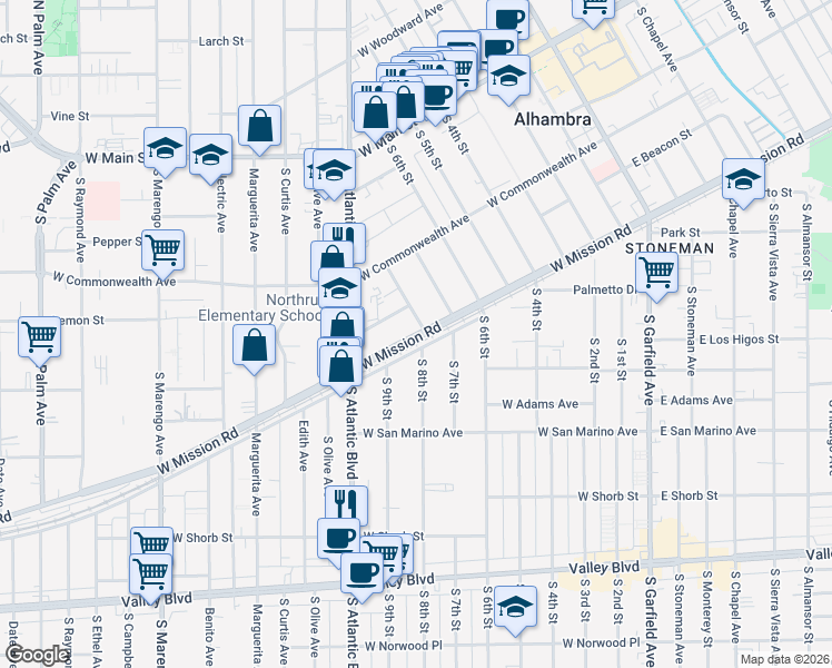 map of restaurants, bars, coffee shops, grocery stores, and more near 813 West Mission Road in Alhambra