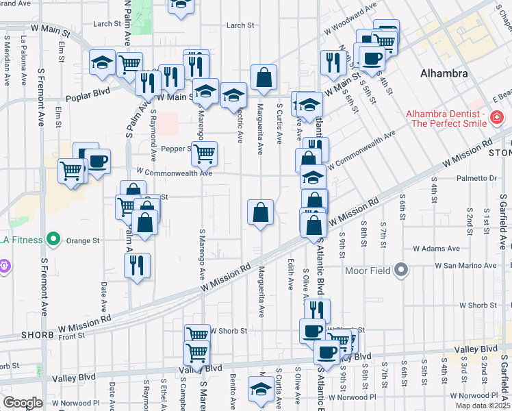 map of restaurants, bars, coffee shops, grocery stores, and more near 409 Marguerita Avenue in Alhambra