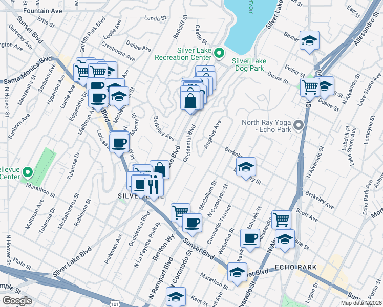 map of restaurants, bars, coffee shops, grocery stores, and more near 1480 North Easterly Terrace in Los Angeles