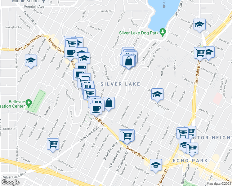 map of restaurants, bars, coffee shops, grocery stores, and more near 1467 Silver Lake Boulevard in Los Angeles