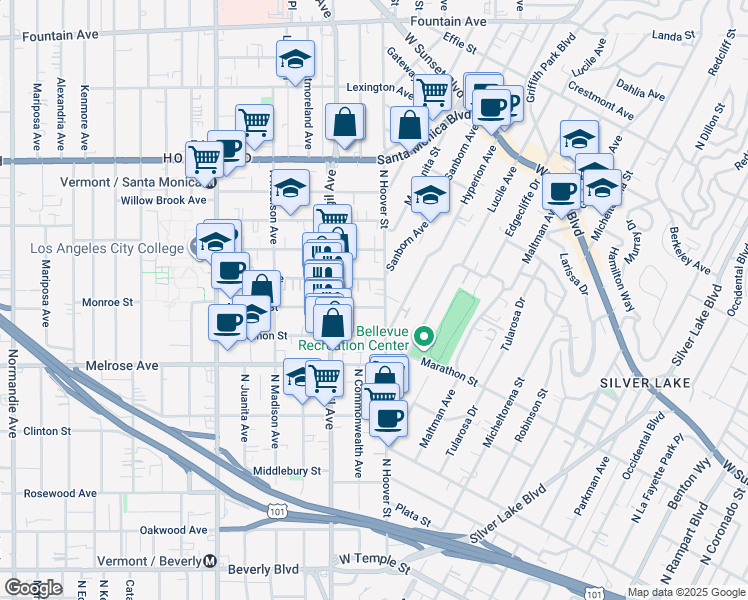 map of restaurants, bars, coffee shops, grocery stores, and more near 4029 Monroe Street in Los Angeles