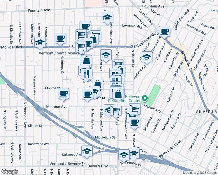 map of restaurants, bars, coffee shops, grocery stores, and more near 4145 Monroe Street in Los Angeles