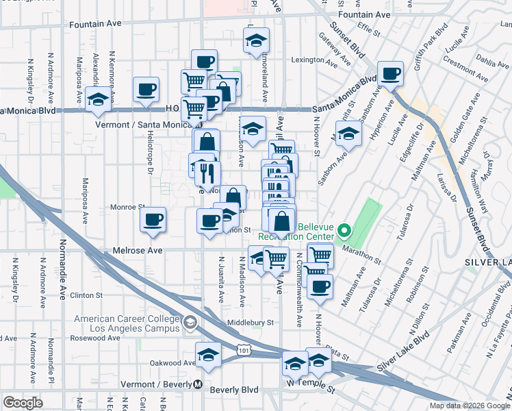 map of restaurants, bars, coffee shops, grocery stores, and more near 4145 Monroe Street in Los Angeles