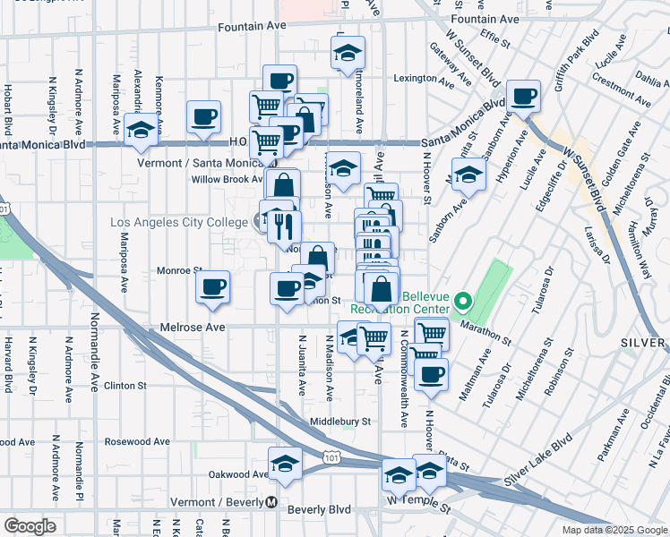 map of restaurants, bars, coffee shops, grocery stores, and more near 4145 Monroe Street in Los Angeles