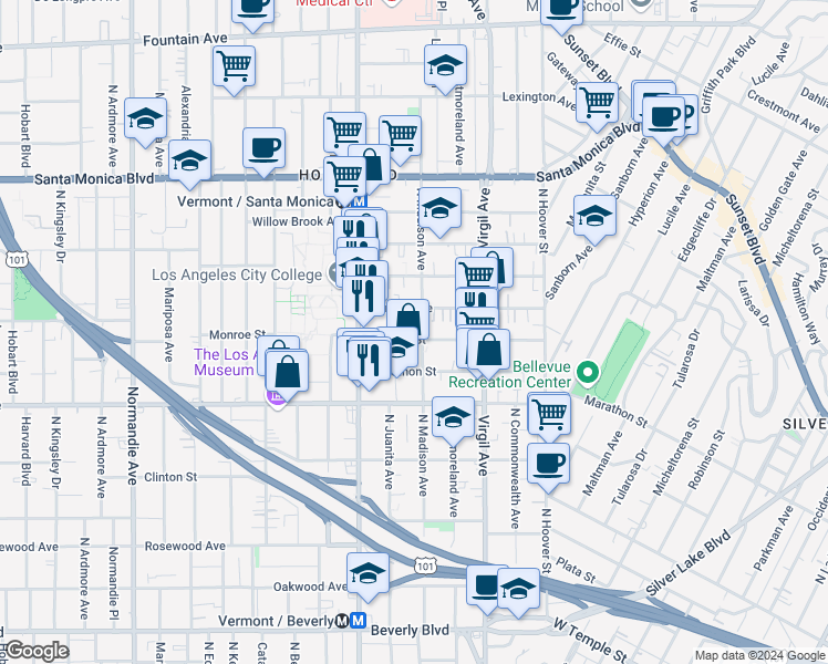 map of restaurants, bars, coffee shops, grocery stores, and more near 4213 Monroe Street in Los Angeles