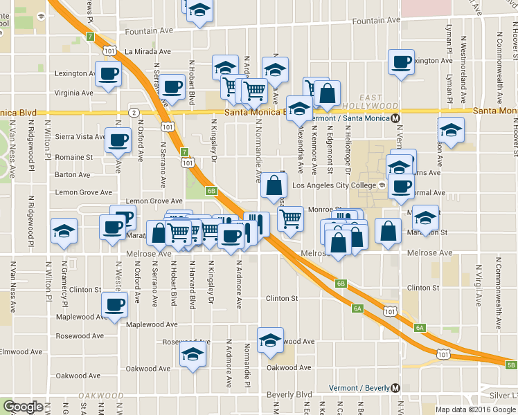 map of restaurants, bars, coffee shops, grocery stores, and more near 839 North Normandie Avenue in Los Angeles