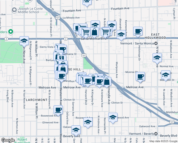 map of restaurants, bars, coffee shops, grocery stores, and more near 848 North Harvard Boulevard in Los Angeles