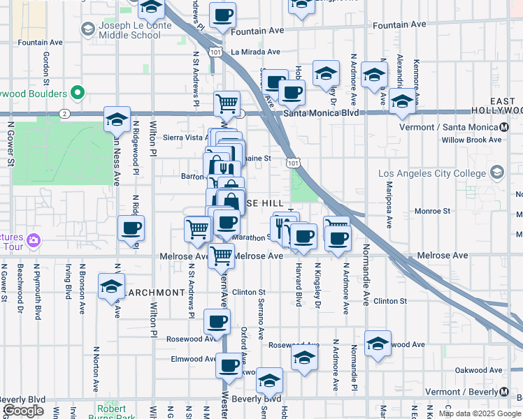map of restaurants, bars, coffee shops, grocery stores, and more near 5034 Lemon Grove Avenue in Los Angeles