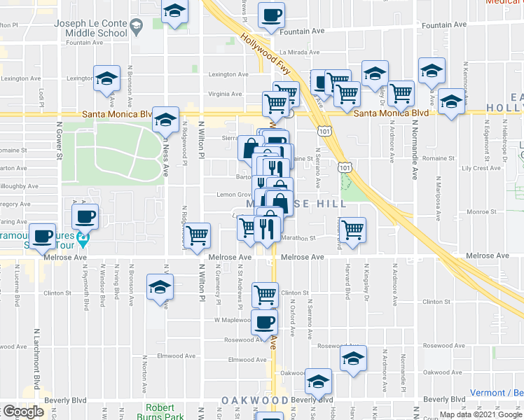 map of restaurants, bars, coffee shops, grocery stores, and more near 871 North Western Avenue in Los Angeles