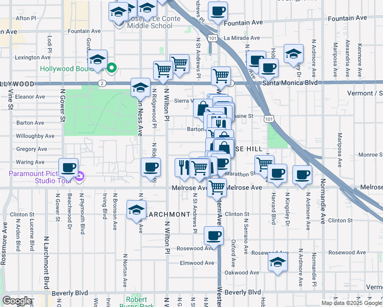 map of restaurants, bars, coffee shops, grocery stores, and more near 5352 Monroe Street in Los Angeles
