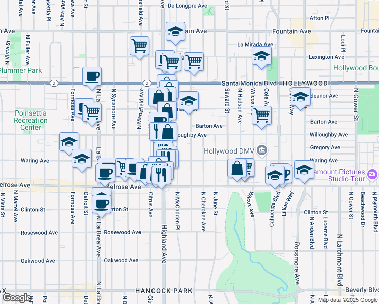 map of restaurants, bars, coffee shops, grocery stores, and more near 827 North Las Palmas Avenue in Los Angeles