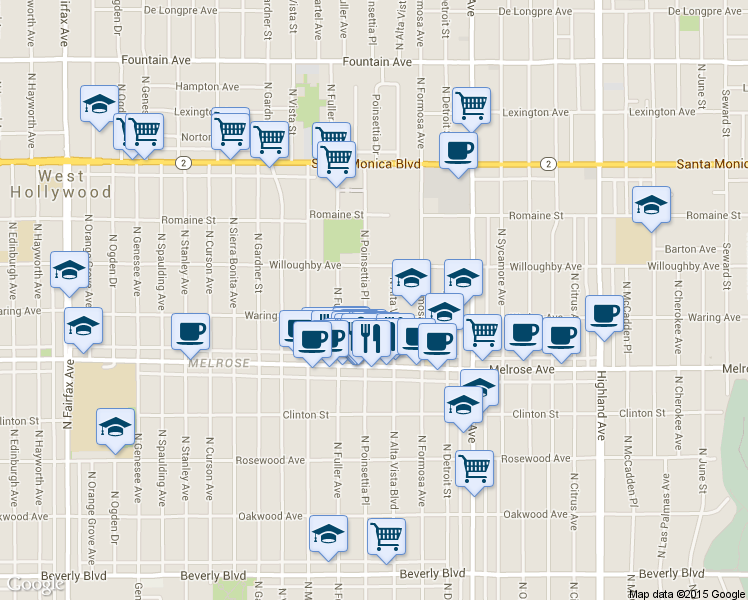 map of restaurants, bars, coffee shops, grocery stores, and more near 824 North Poinsettia Place in Los Angeles