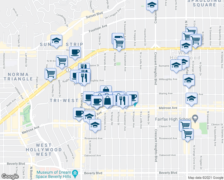 map of restaurants, bars, coffee shops, grocery stores, and more near in West Hollywood