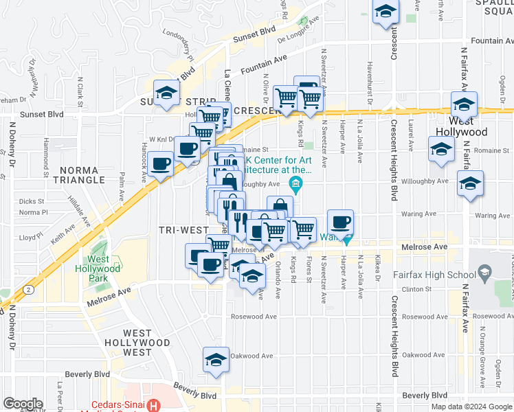 map of restaurants, bars, coffee shops, grocery stores, and more near 822 North Croft Avenue in Los Angeles