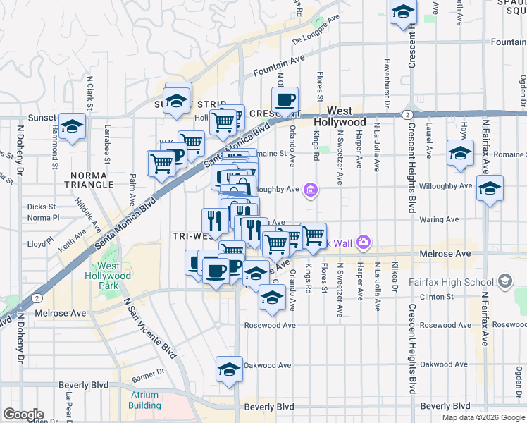 map of restaurants, bars, coffee shops, grocery stores, and more near 821 North Alfred Street in Los Angeles