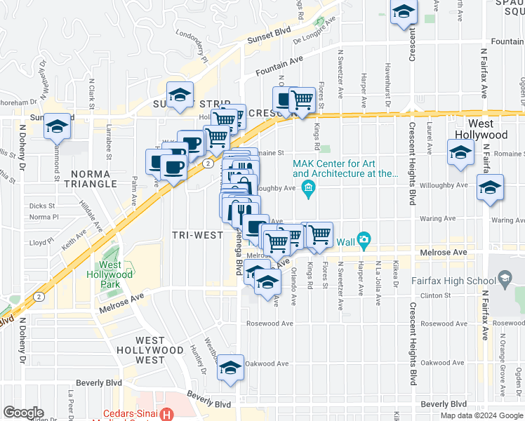 map of restaurants, bars, coffee shops, grocery stores, and more near 821 North Alfred Street in Los Angeles