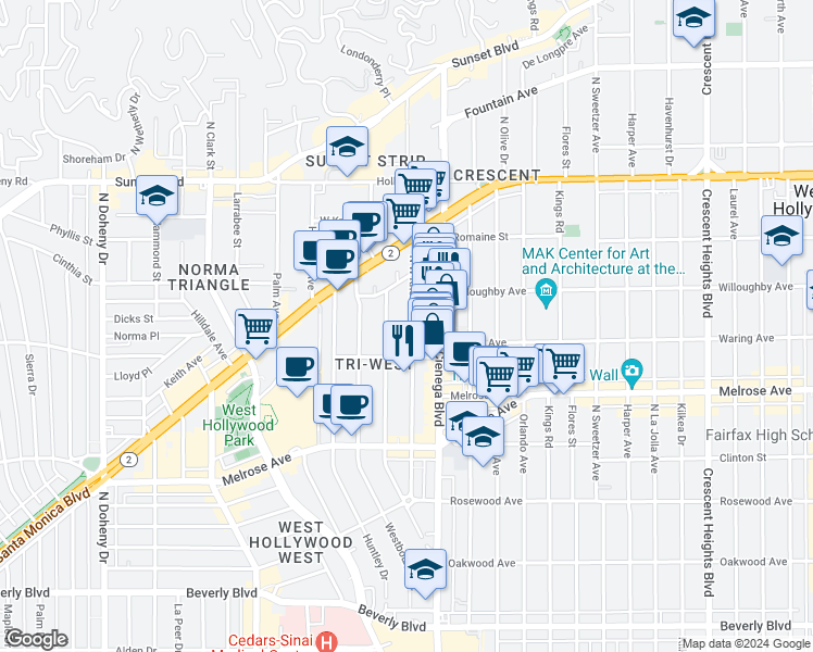 map of restaurants, bars, coffee shops, grocery stores, and more near 840 Westmount Drive in West Hollywood