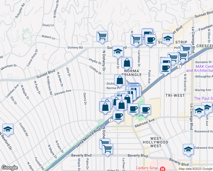 map of restaurants, bars, coffee shops, grocery stores, and more near 9036 Dicks Street in West Hollywood
