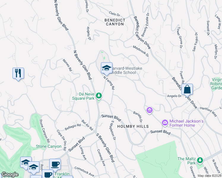 map of restaurants, bars, coffee shops, grocery stores, and more near 418 North Faring Road in Los Angeles