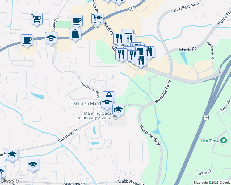 map of restaurants, bars, coffee shops, grocery stores, and more near 3051 Westwood Way in Alpharetta