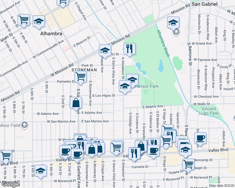 map of restaurants, bars, coffee shops, grocery stores, and more near 409 East Los Higos Street in Alhambra