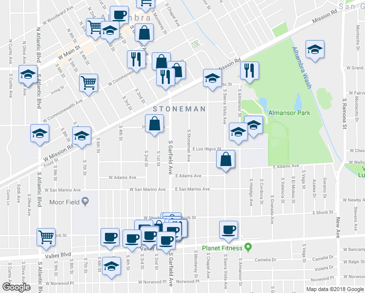 map of restaurants, bars, coffee shops, grocery stores, and more near 21 East Los Higos Street in Alhambra