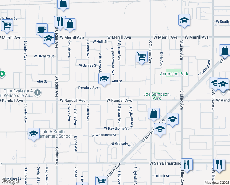 map of restaurants, bars, coffee shops, grocery stores, and more near 859 S Beechwood Ave in Rialto