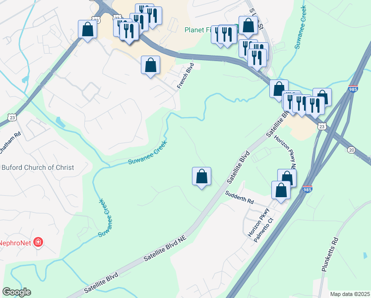 map of restaurants, bars, coffee shops, grocery stores, and more near 3992 Sudderth Road in Buford