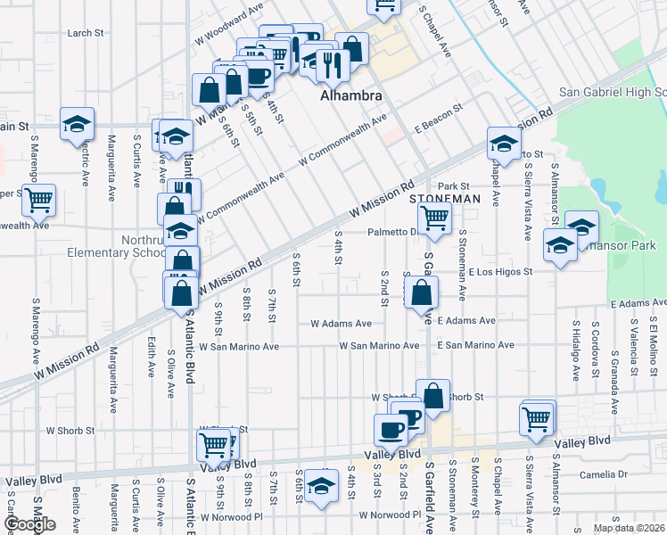 map of restaurants, bars, coffee shops, grocery stores, and more near 901 South 4th Street in Alhambra
