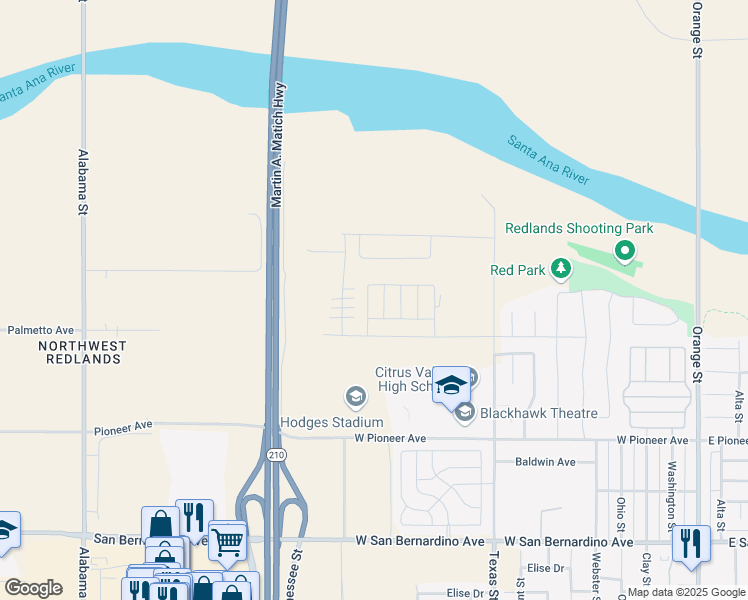 map of restaurants, bars, coffee shops, grocery stores, and more near 2064 Zest Street in Redlands