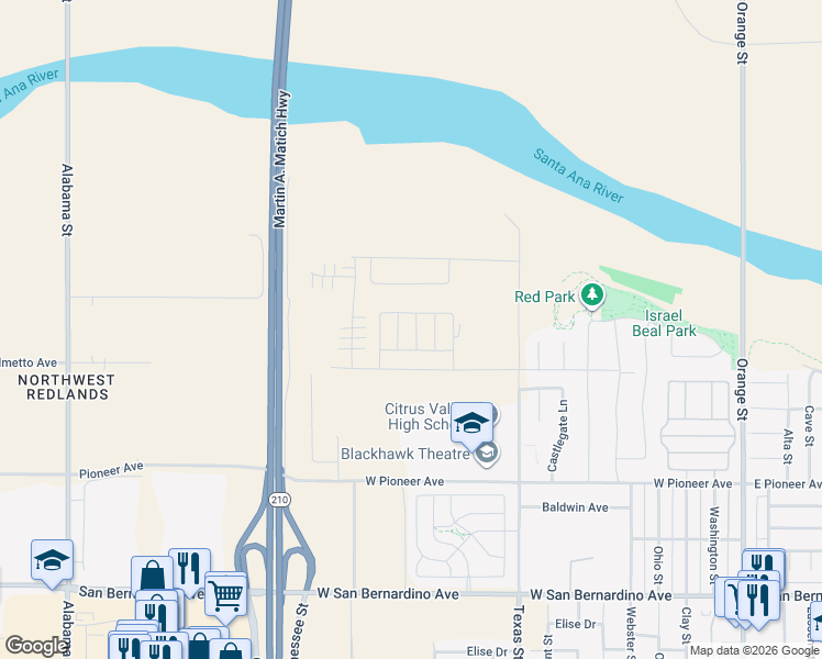 map of restaurants, bars, coffee shops, grocery stores, and more near 2063 Meyer Lane in Redlands