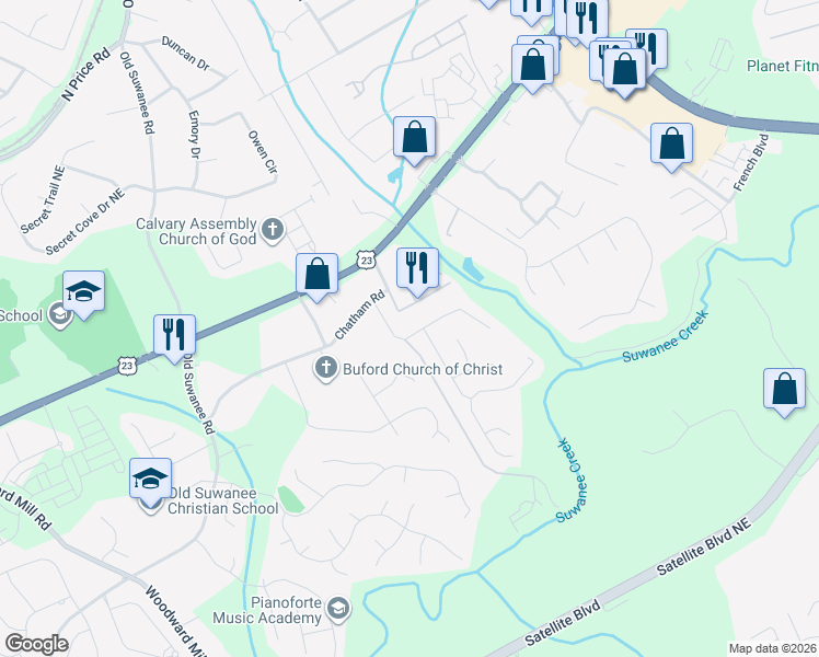 map of restaurants, bars, coffee shops, grocery stores, and more near 1216 Castleberry Drive in Buford