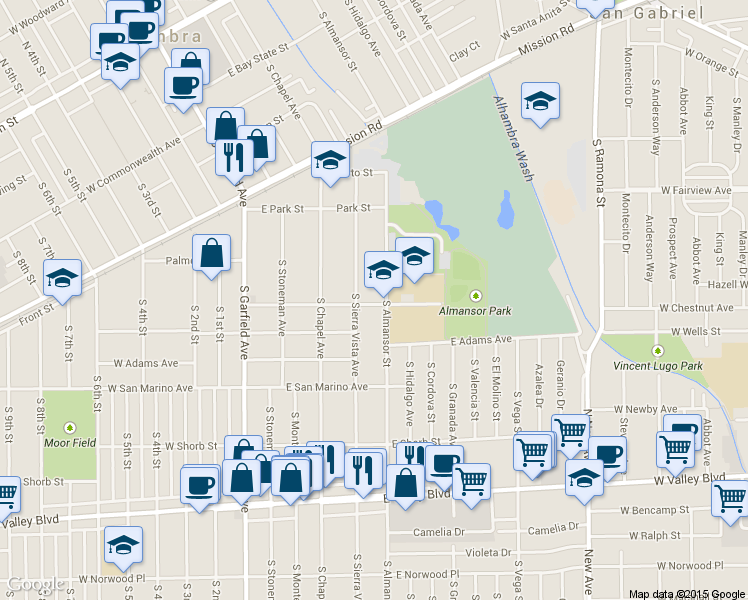 map of restaurants, bars, coffee shops, grocery stores, and more near 415 East Los Higos Street in Alhambra
