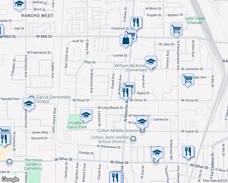 map of restaurants, bars, coffee shops, grocery stores, and more near 1654 Grand Avenue in Colton