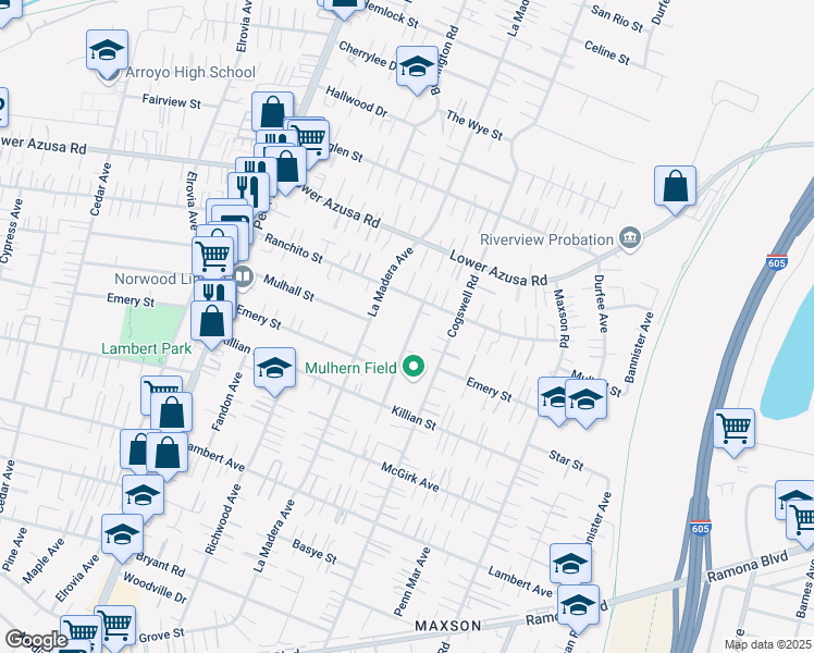 map of restaurants, bars, coffee shops, grocery stores, and more near 4635 Whistler Avenue in El Monte