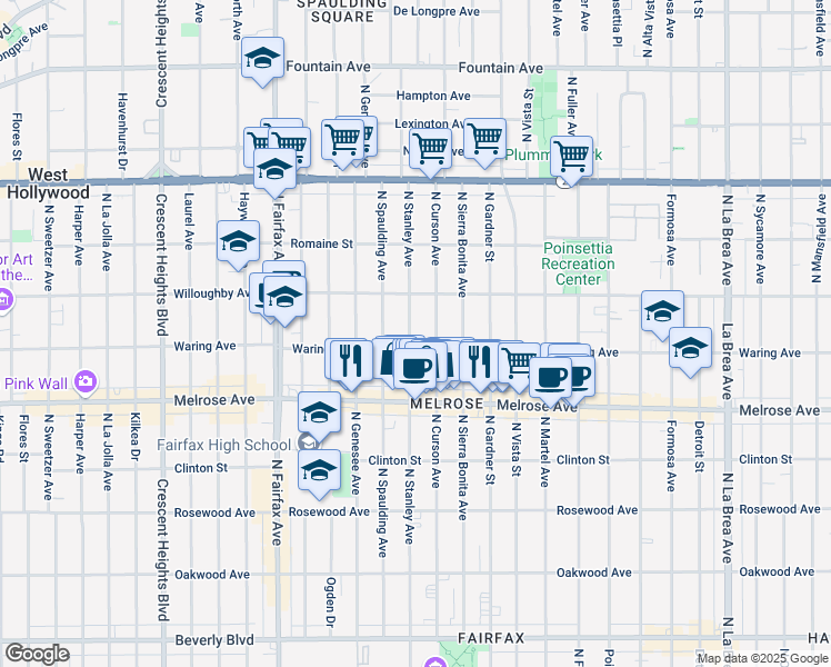 map of restaurants, bars, coffee shops, grocery stores, and more near 816 North Stanley Avenue in Los Angeles