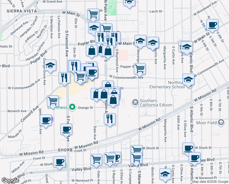 map of restaurants, bars, coffee shops, grocery stores, and more near 410 South Palm Avenue in Alhambra