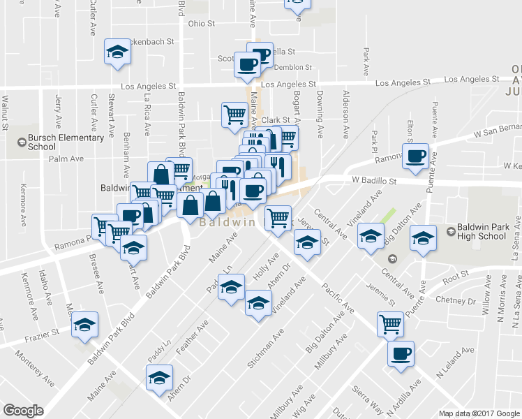 map of restaurants, bars, coffee shops, grocery stores, and more near 4024 Maine Avenue in Baldwin Park