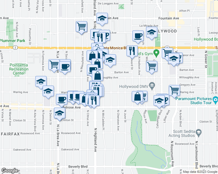 map of restaurants, bars, coffee shops, grocery stores, and more near 827 North Las Palmas Avenue in Los Angeles