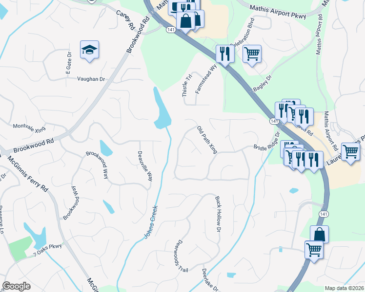 map of restaurants, bars, coffee shops, grocery stores, and more near 4060 Bridle Ridge Drive in Suwanee