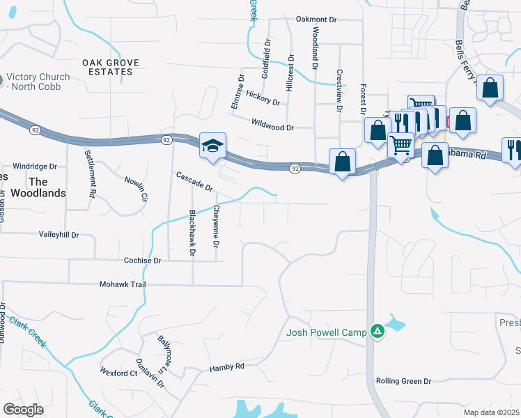 map of restaurants, bars, coffee shops, grocery stores, and more near 5513 Tonowanda Drive in Acworth