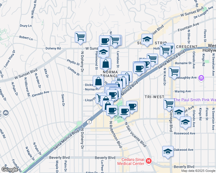 map of restaurants, bars, coffee shops, grocery stores, and more near 855 Hilldale Avenue in West Hollywood