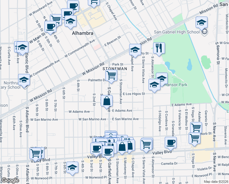map of restaurants, bars, coffee shops, grocery stores, and more near 2 Alhambra Road in Alhambra