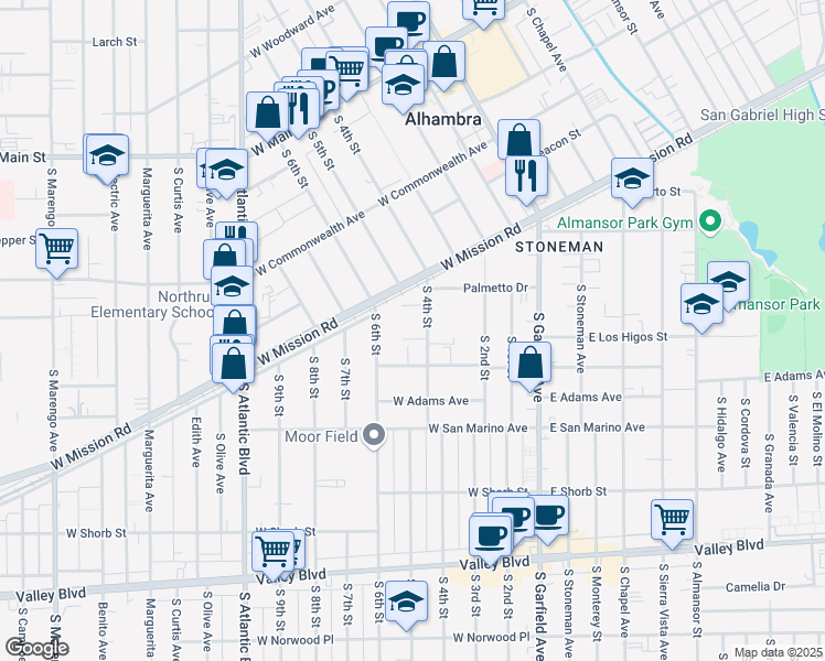 map of restaurants, bars, coffee shops, grocery stores, and more near 885 South 4th Street in Alhambra