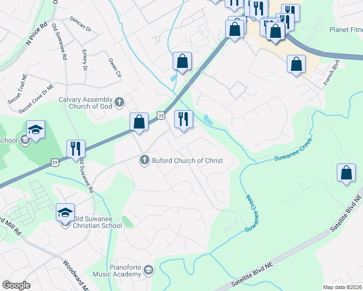 map of restaurants, bars, coffee shops, grocery stores, and more near 1216 Castleberry Drive in Buford